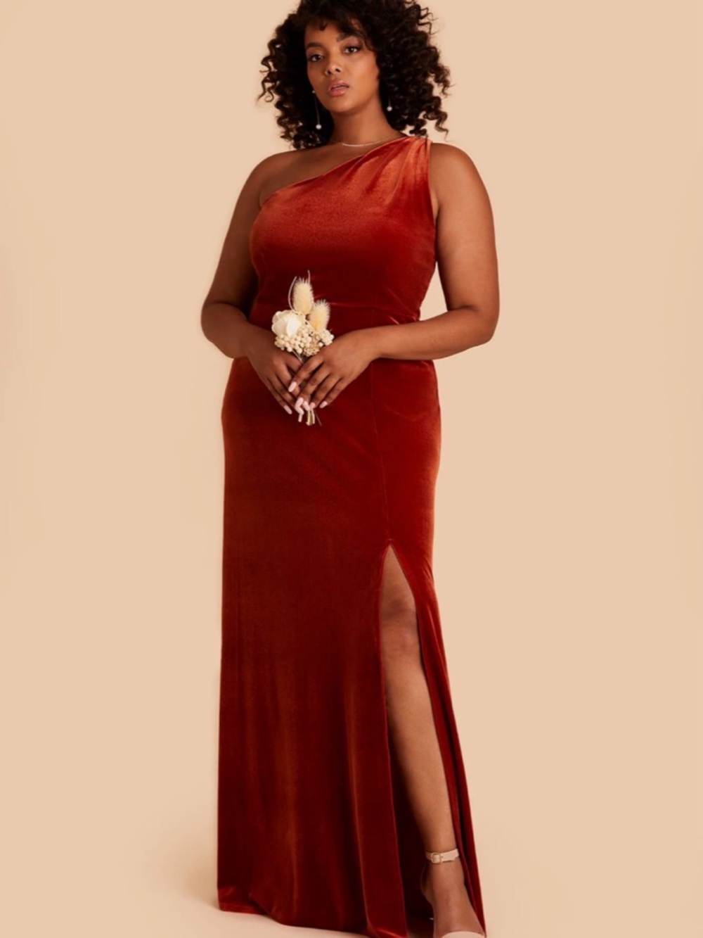 Size 1X Birdy Grey One-Shoulder Kira Burnt Orange Velvet Bridesmaid Dress
